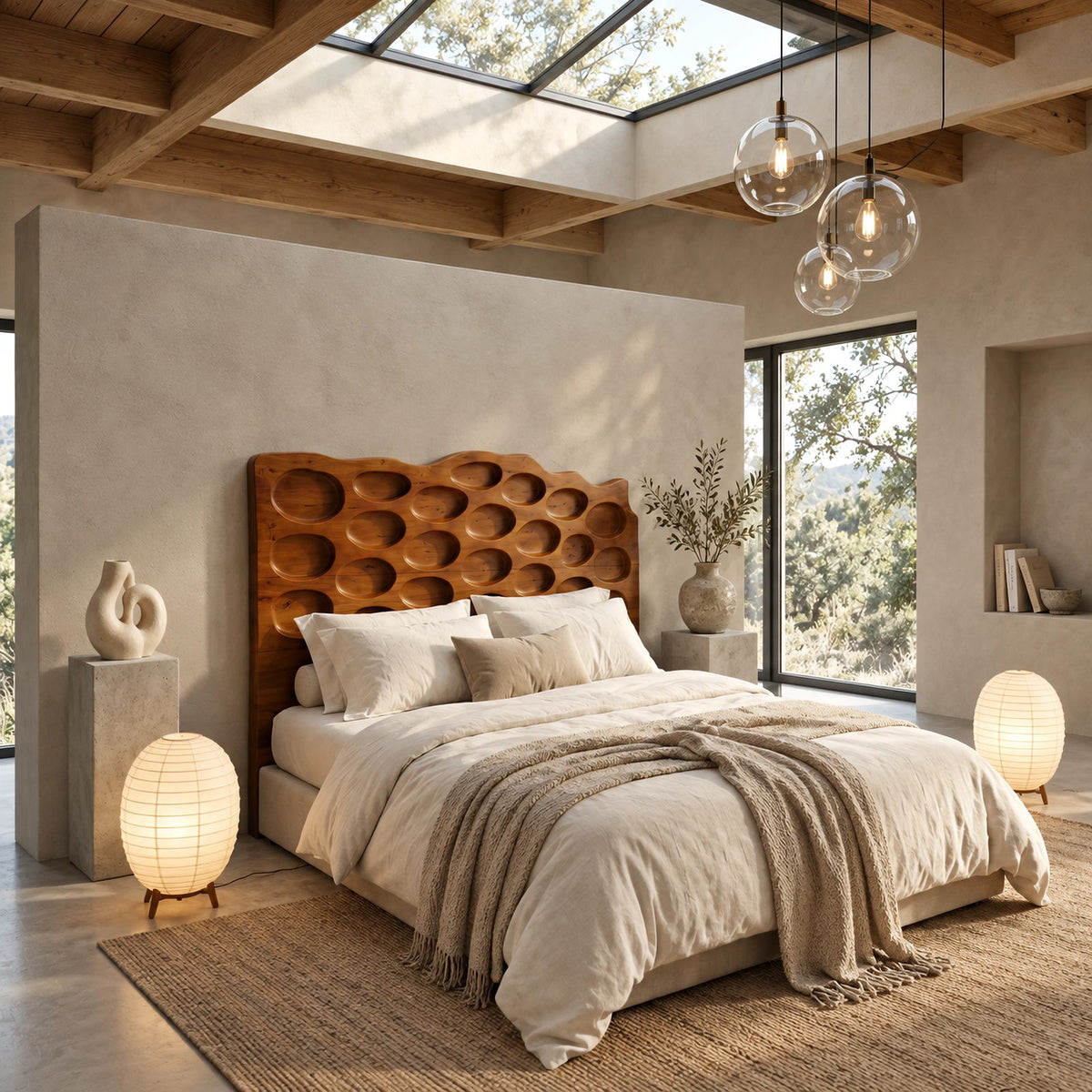 Organic Hand Carved Wood Headboard With Oval Pebble Relief For Bedroom