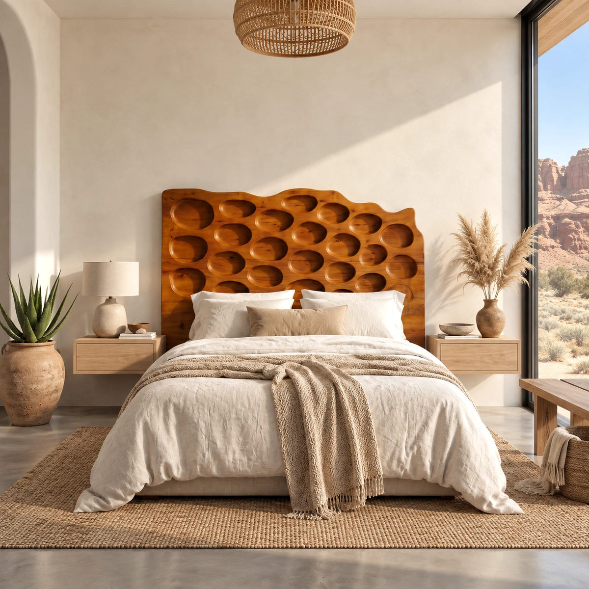 Organic Hand Carved Wood Headboard With Oval Pebble Relief For Bedroom