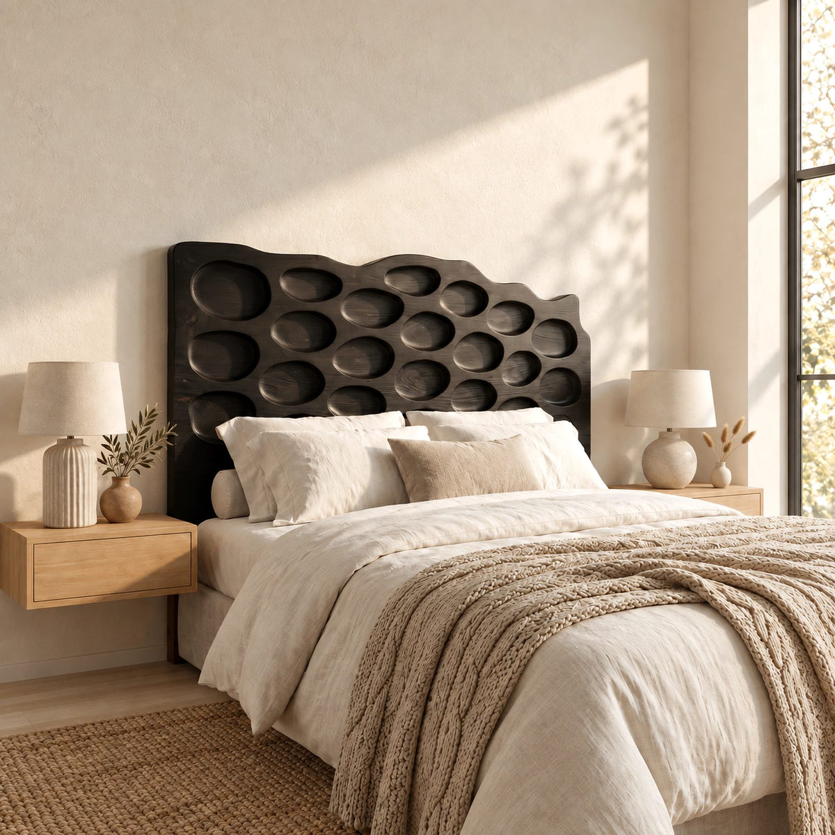 Organic Hand Carved Wood Headboard With Oval Pebble Relief For Bedroom