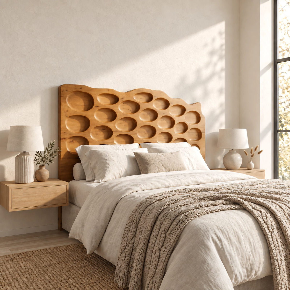 Organic Hand Carved Wood Headboard With Oval Pebble Relief For Bedroom