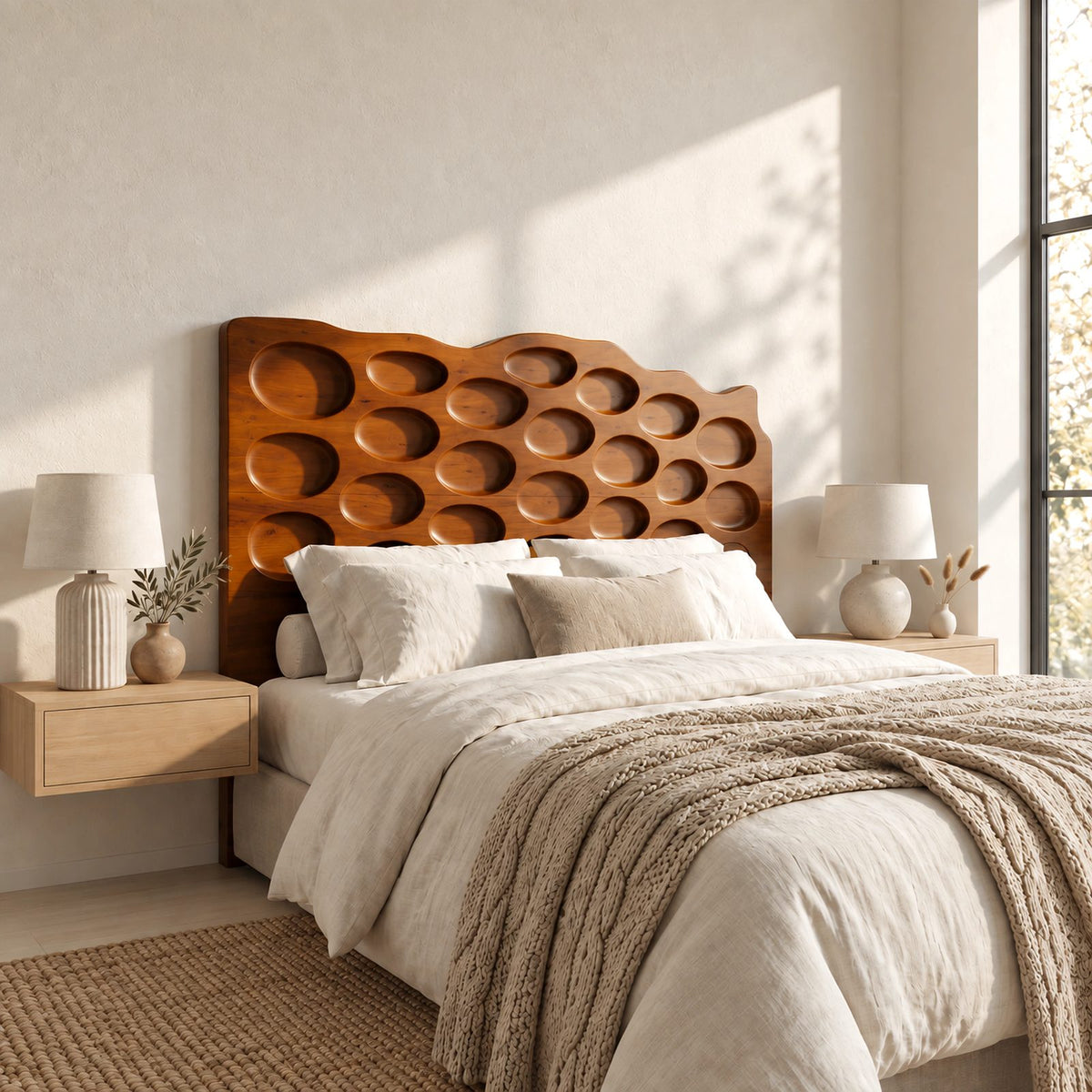 Organic Hand Carved Wood Headboard With Oval Pebble Relief For Bedroom