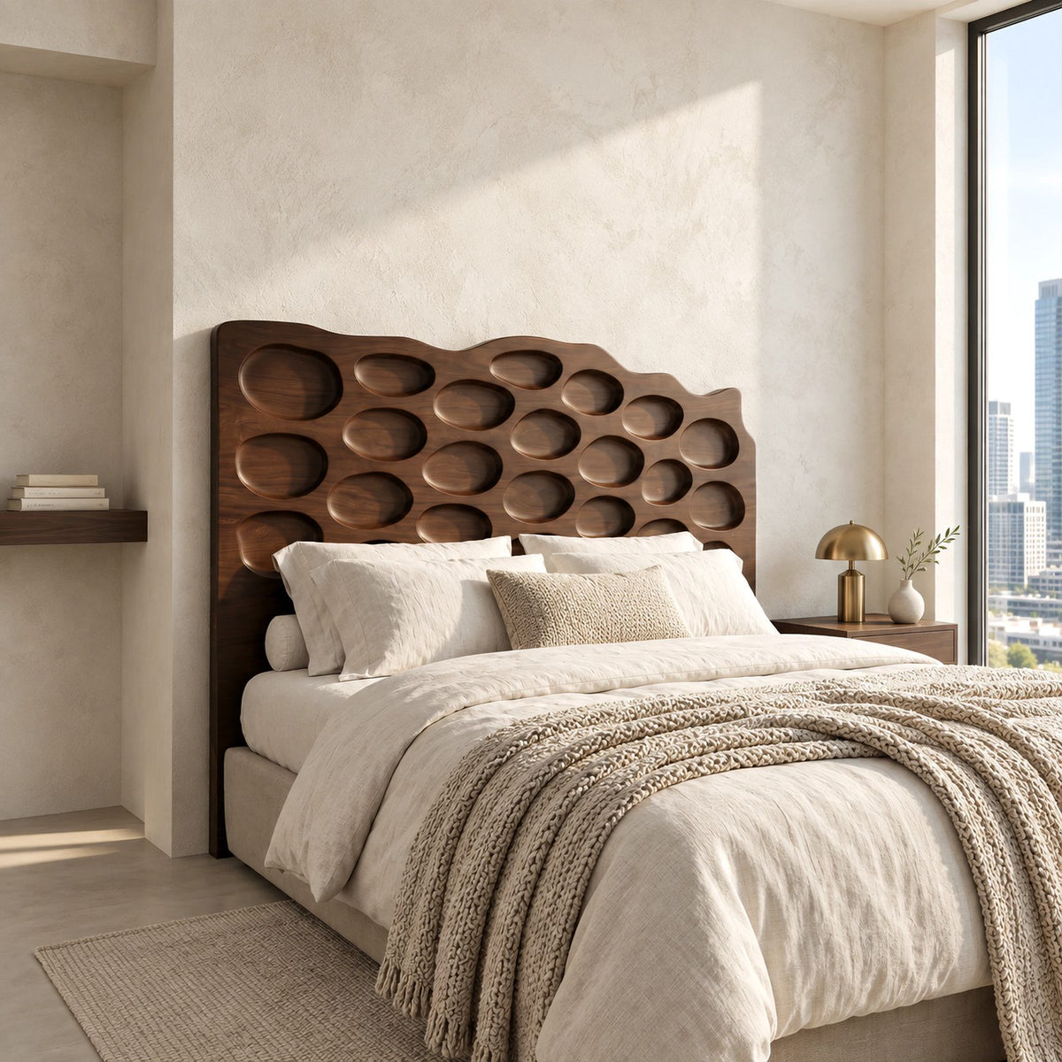 Organic Hand Carved Wood Headboard With Oval Pebble Relief For Bedroom
