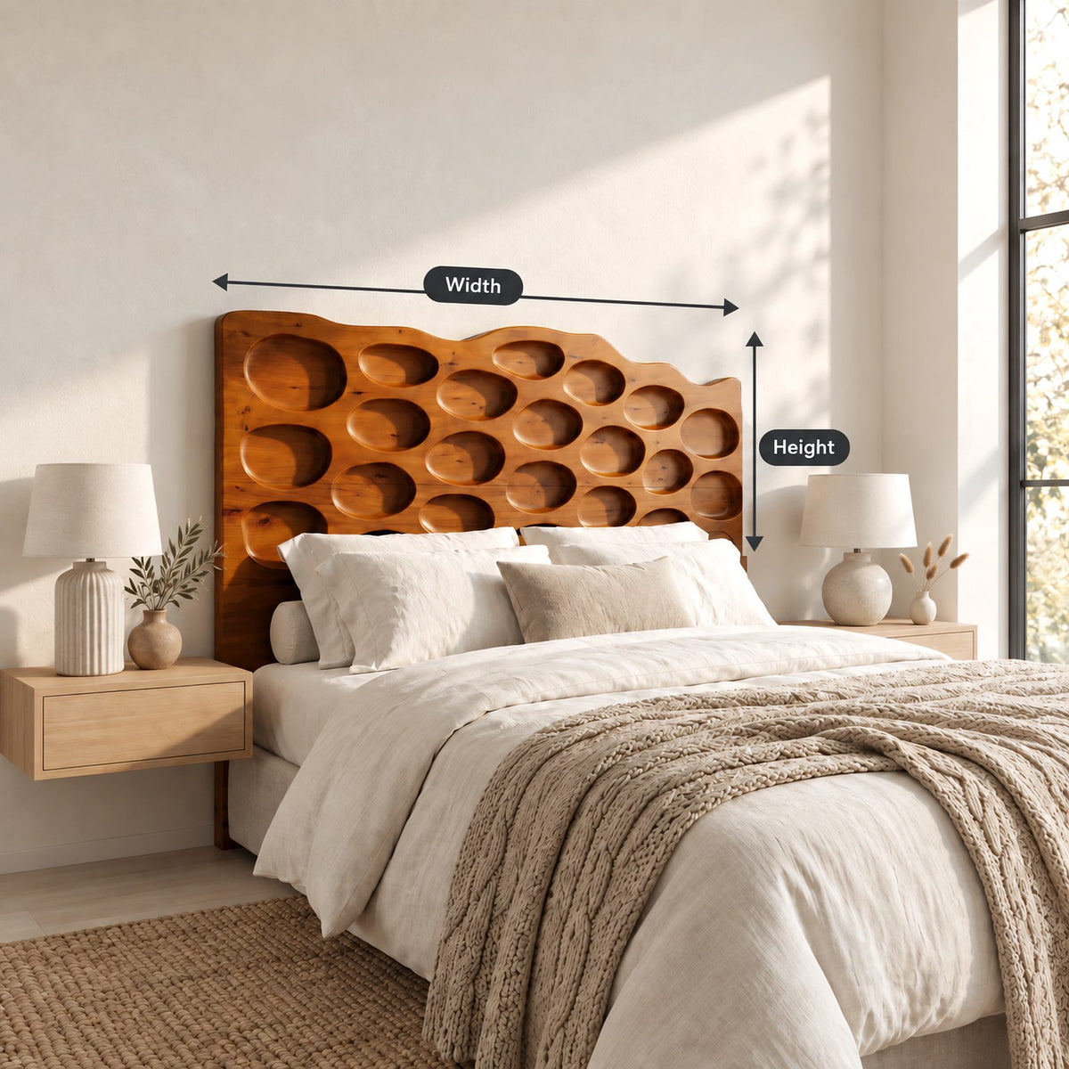 Organic Hand Carved Wood Headboard With Oval Pebble Relief For Bedroom
