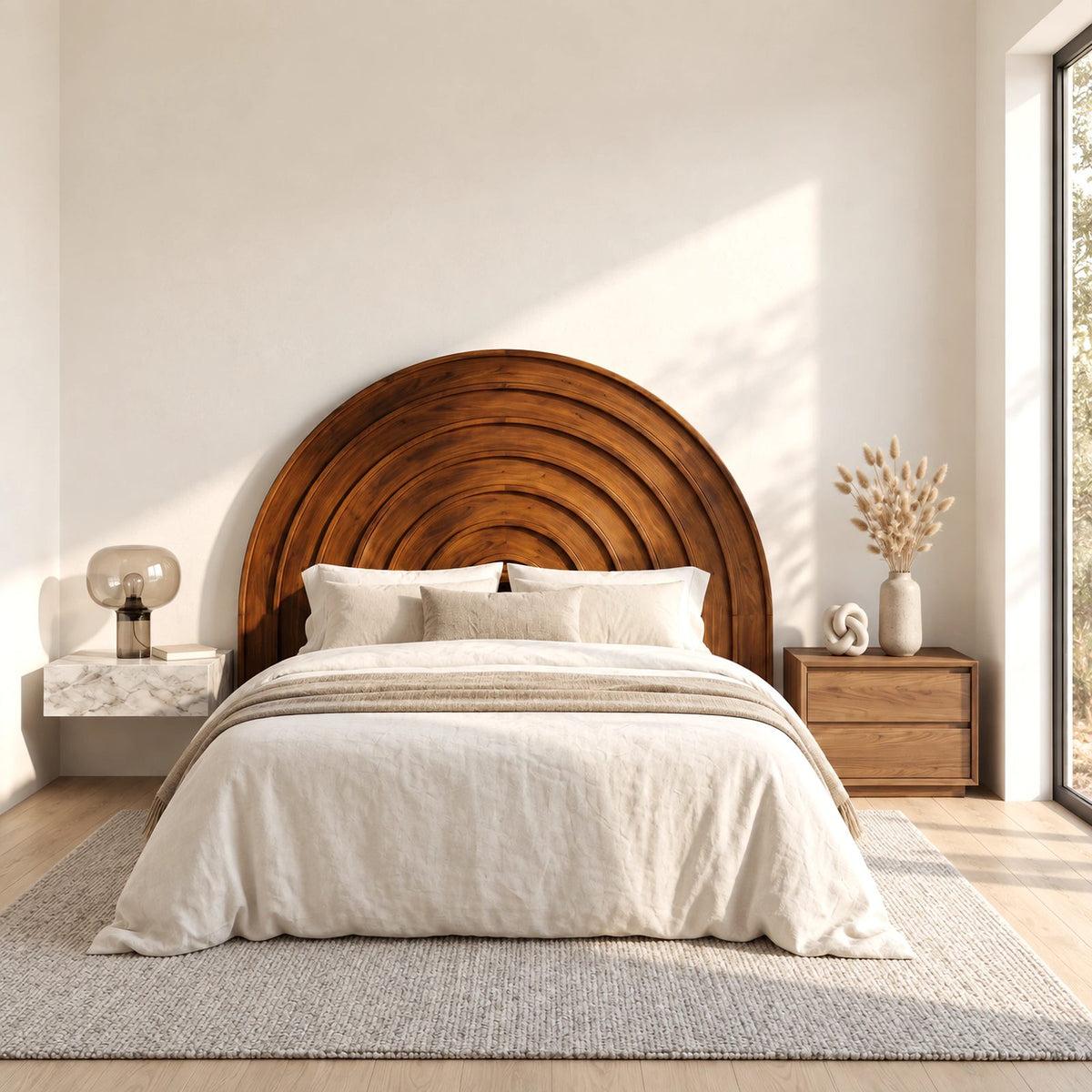 Minimalist Arched Wooden Headboard With Concentric Ring Carving For Bedroom