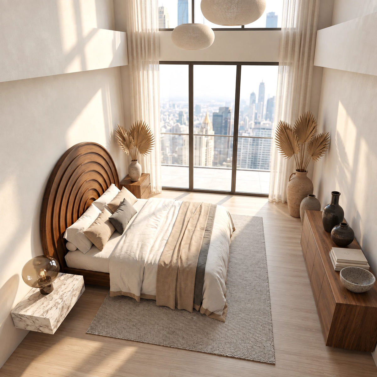 Minimalist Arched Wooden Headboard With Concentric Ring Carving For Bedroom