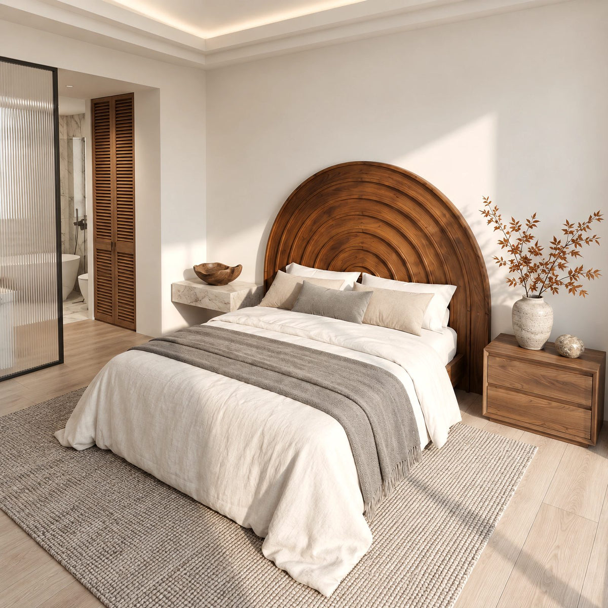 Minimalist Arched Wooden Headboard With Concentric Ring Carving For Bedroom