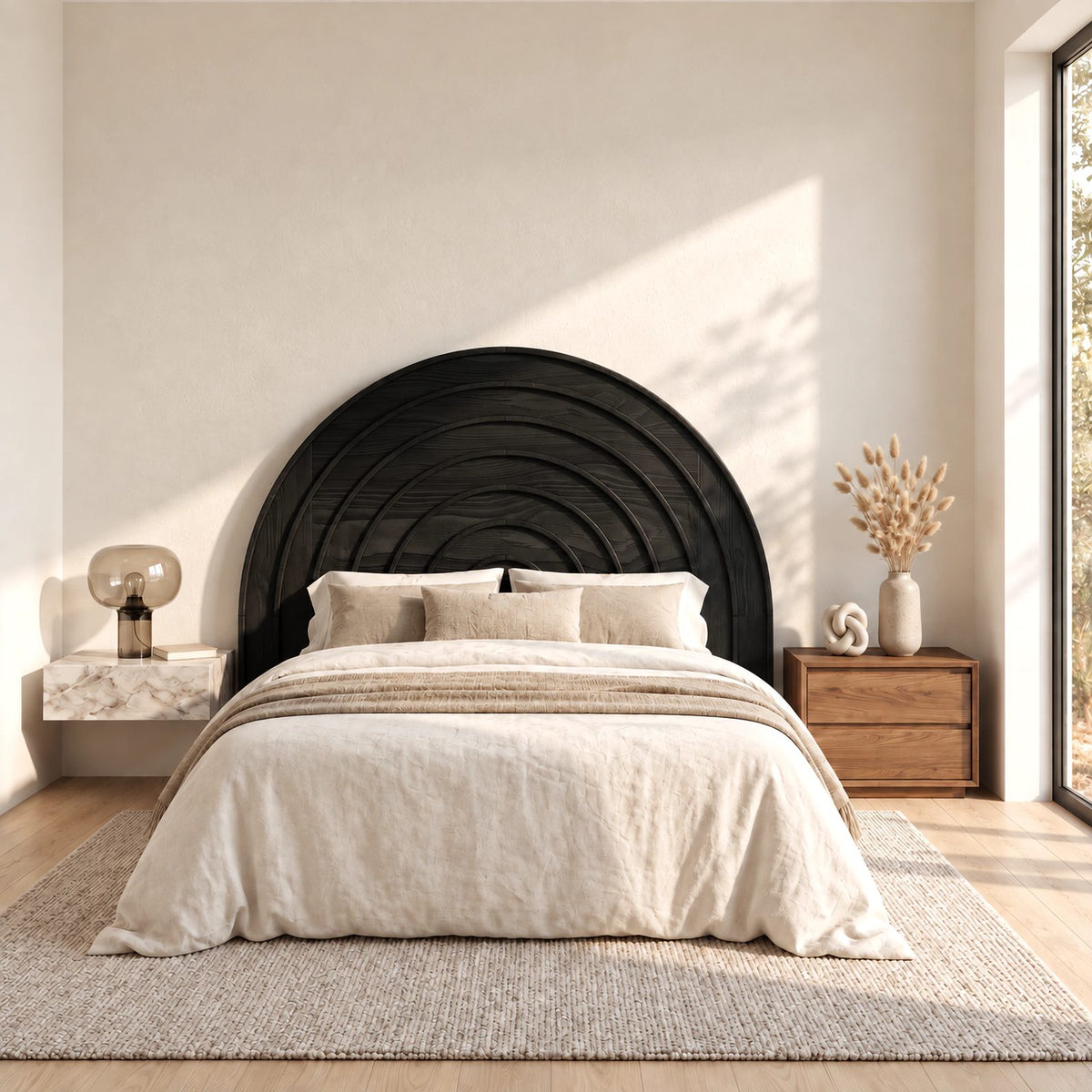 Minimalist Arched Wooden Headboard With Concentric Ring Carving For Bedroom