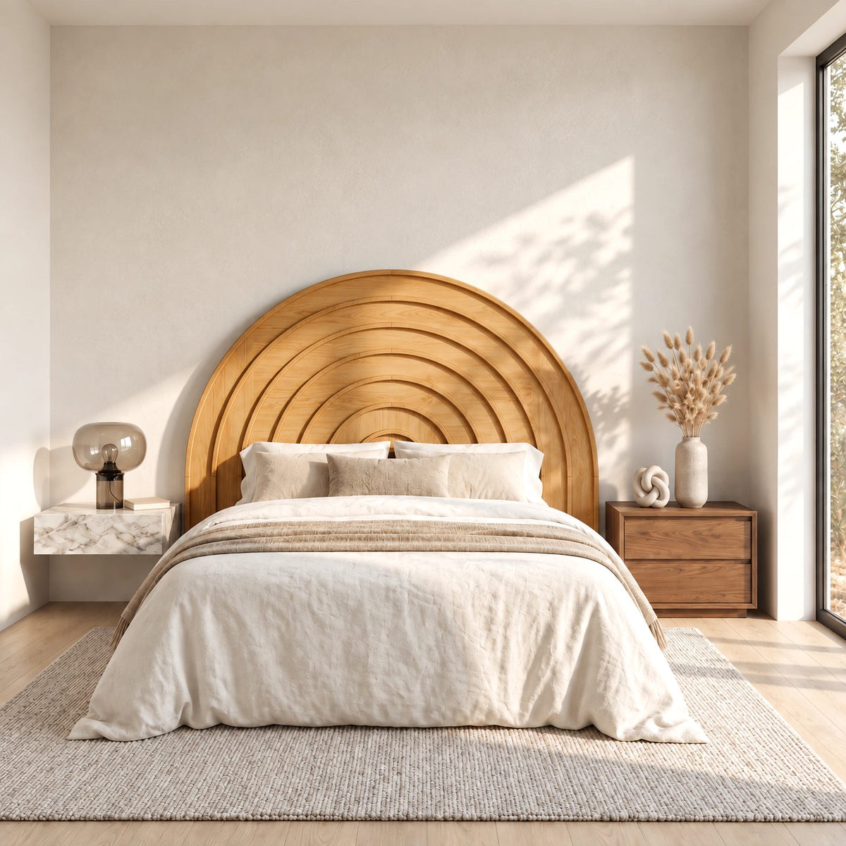 Minimalist Arched Wooden Headboard With Concentric Ring Carving For Bedroom