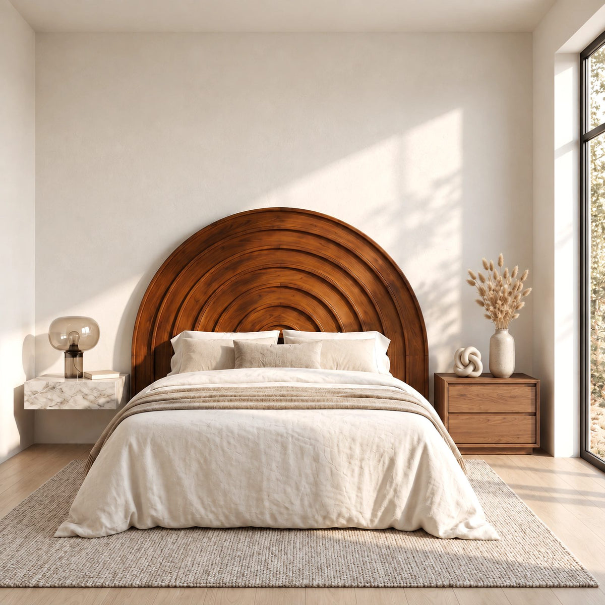 Minimalist Arched Wooden Headboard With Concentric Ring Carving For Bedroom