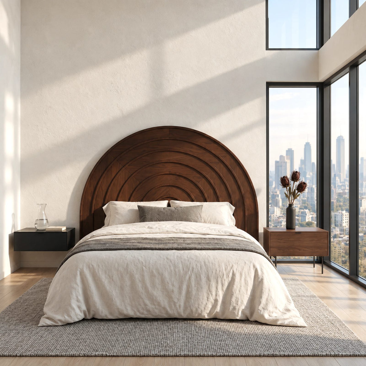 Minimalist Arched Wooden Headboard With Concentric Ring Carving For Bedroom
