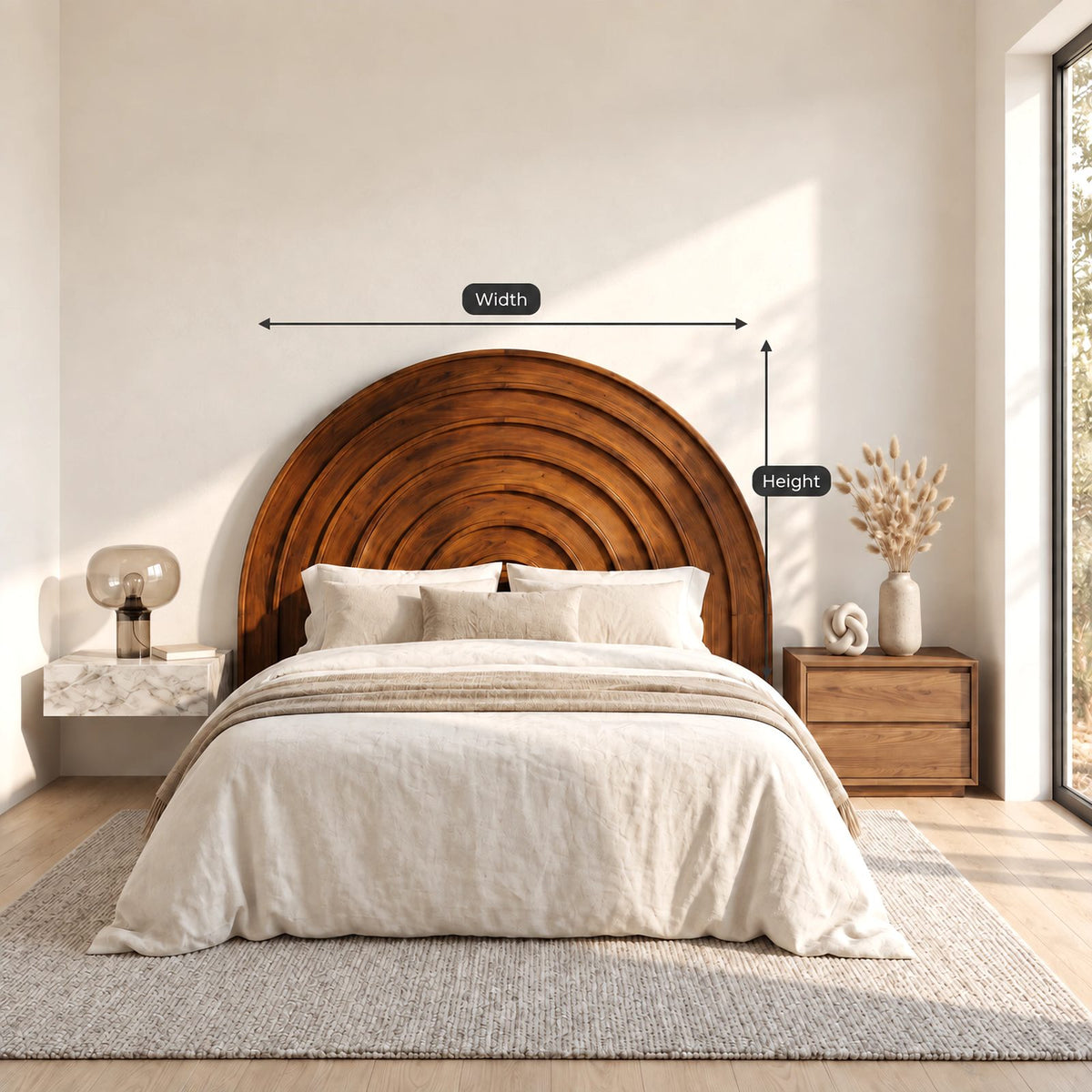Minimalist Arched Wooden Headboard With Concentric Ring Carving For Bedroom