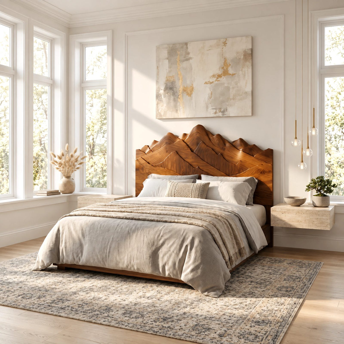 Rustic Carved Wood Headboard With Layered Mountain Peak Top For Bedroom