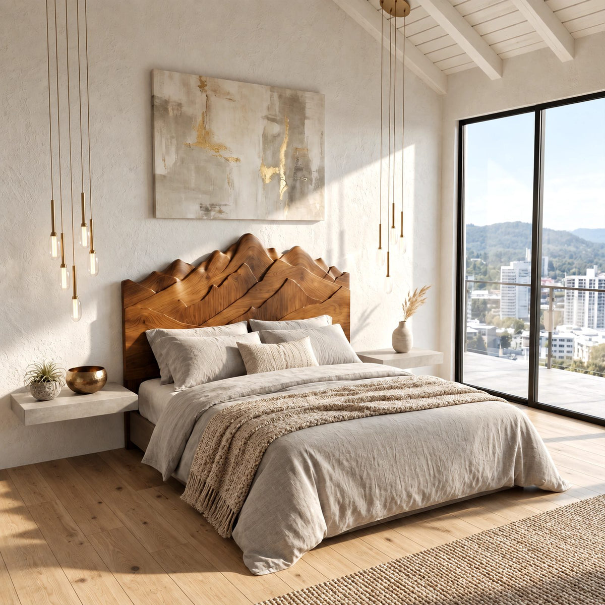 Rustic Carved Wood Headboard With Layered Mountain Peak Top For Bedroom