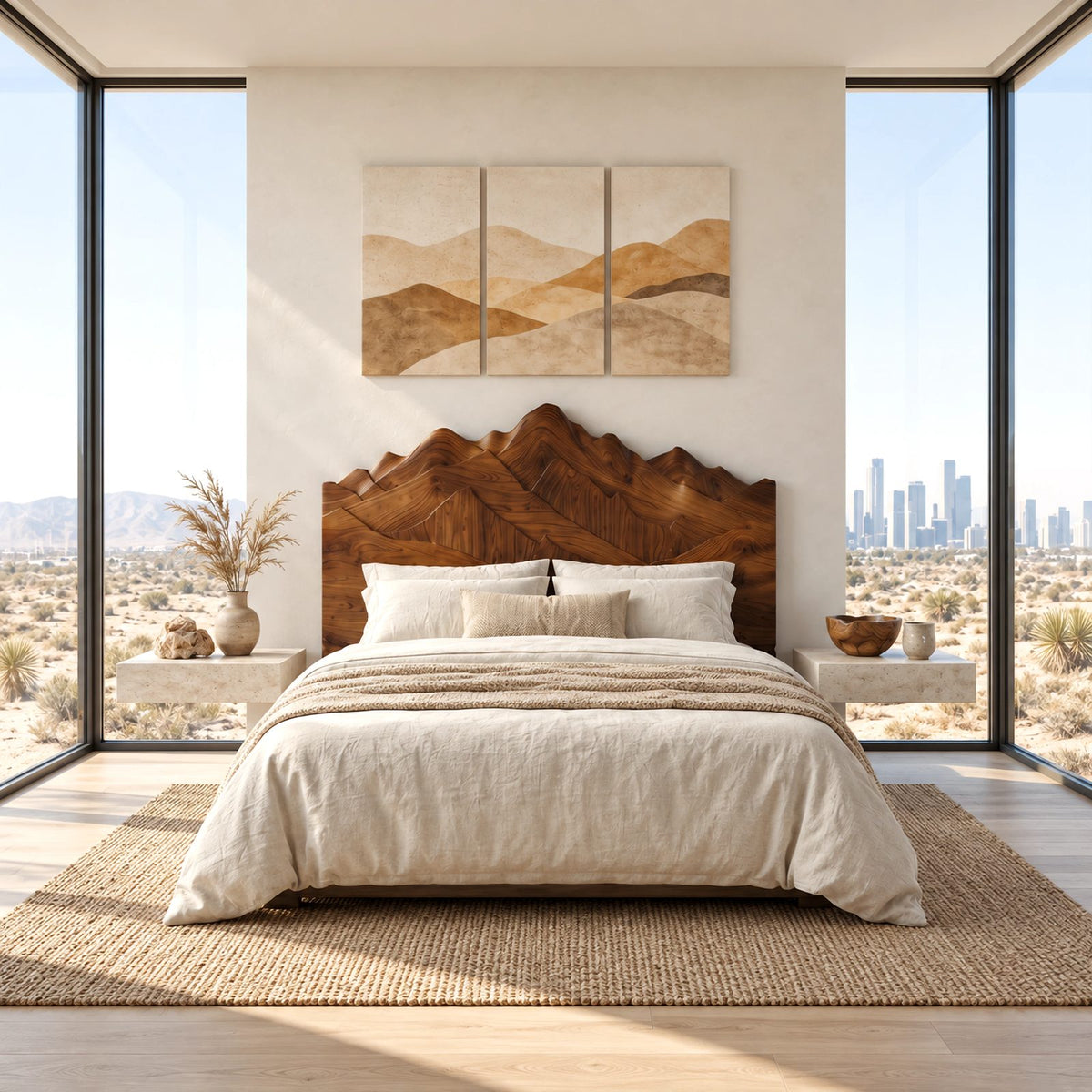 Rustic Carved Wood Headboard With Layered Mountain Peak Top For Bedroom