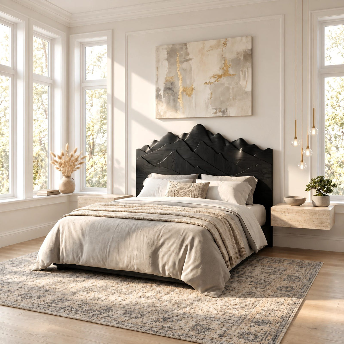 Rustic Carved Wood Headboard With Layered Mountain Peak Top For Bedroom