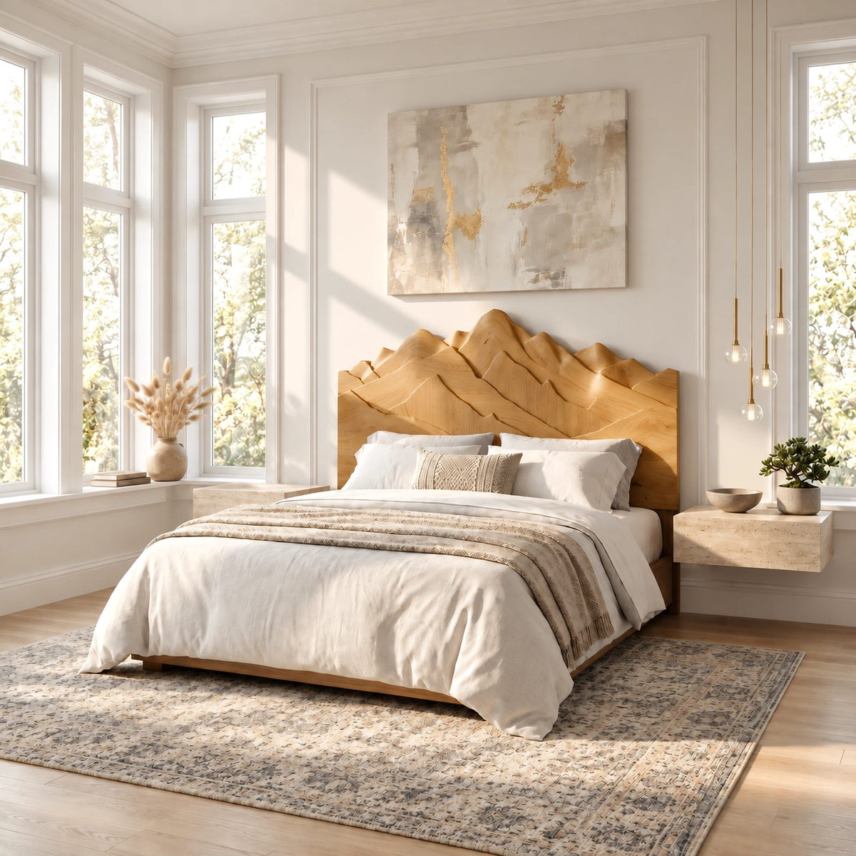 Rustic Carved Wood Headboard With Layered Mountain Peak Top For Bedroom