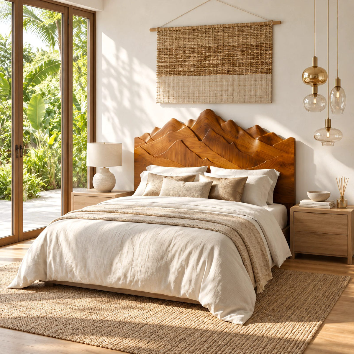 Rustic Carved Wood Headboard With Layered Mountain Peak Top For Bedroom