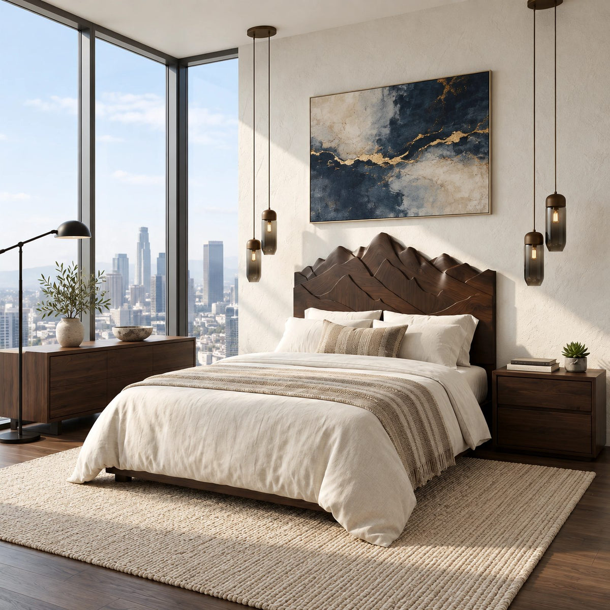 Rustic Carved Wood Headboard With Layered Mountain Peak Top For Bedroom