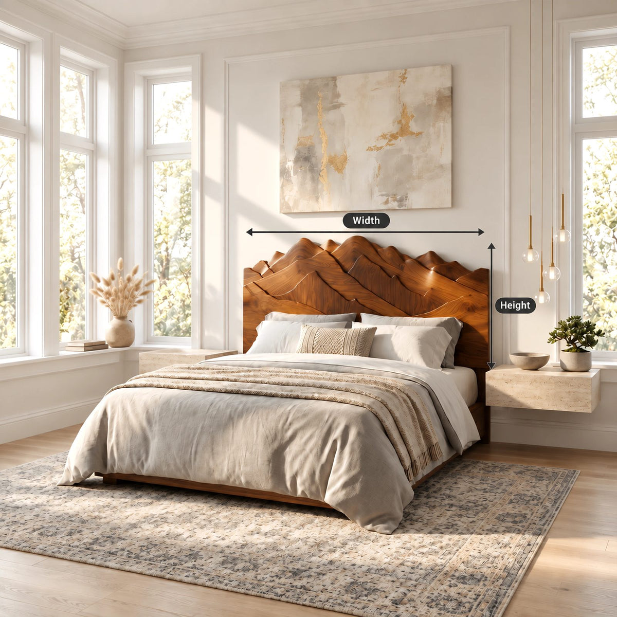 Rustic Carved Wood Headboard With Layered Mountain Peak Top For Bedroom