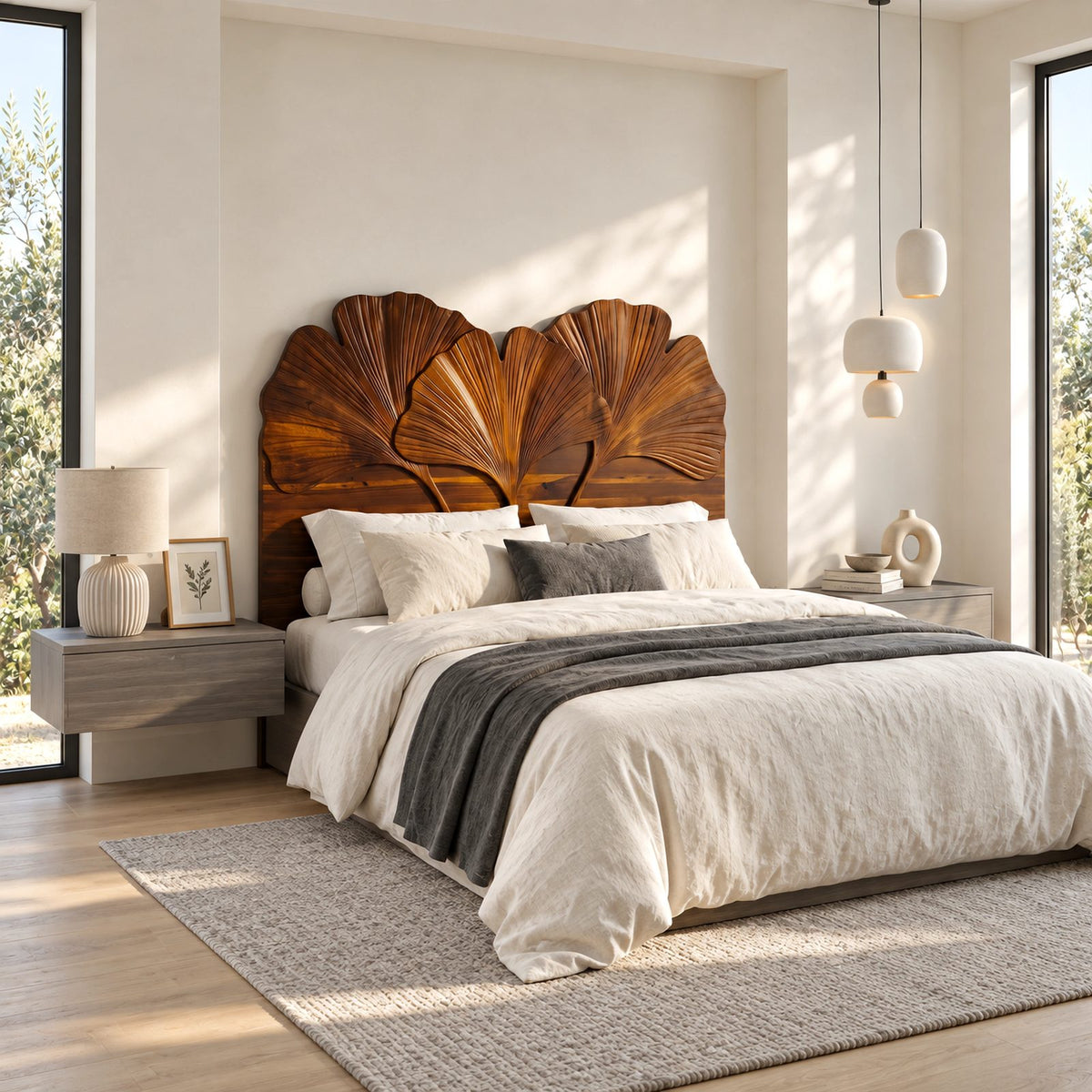 Botanical Carved Wooden Headboard With Ginkgo Leaf Fans For Bedroom