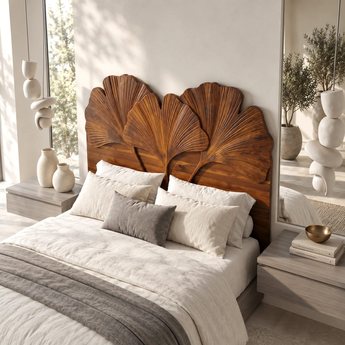 Botanical Carved Wooden Headboard With Ginkgo Leaf Fans For Bedroom