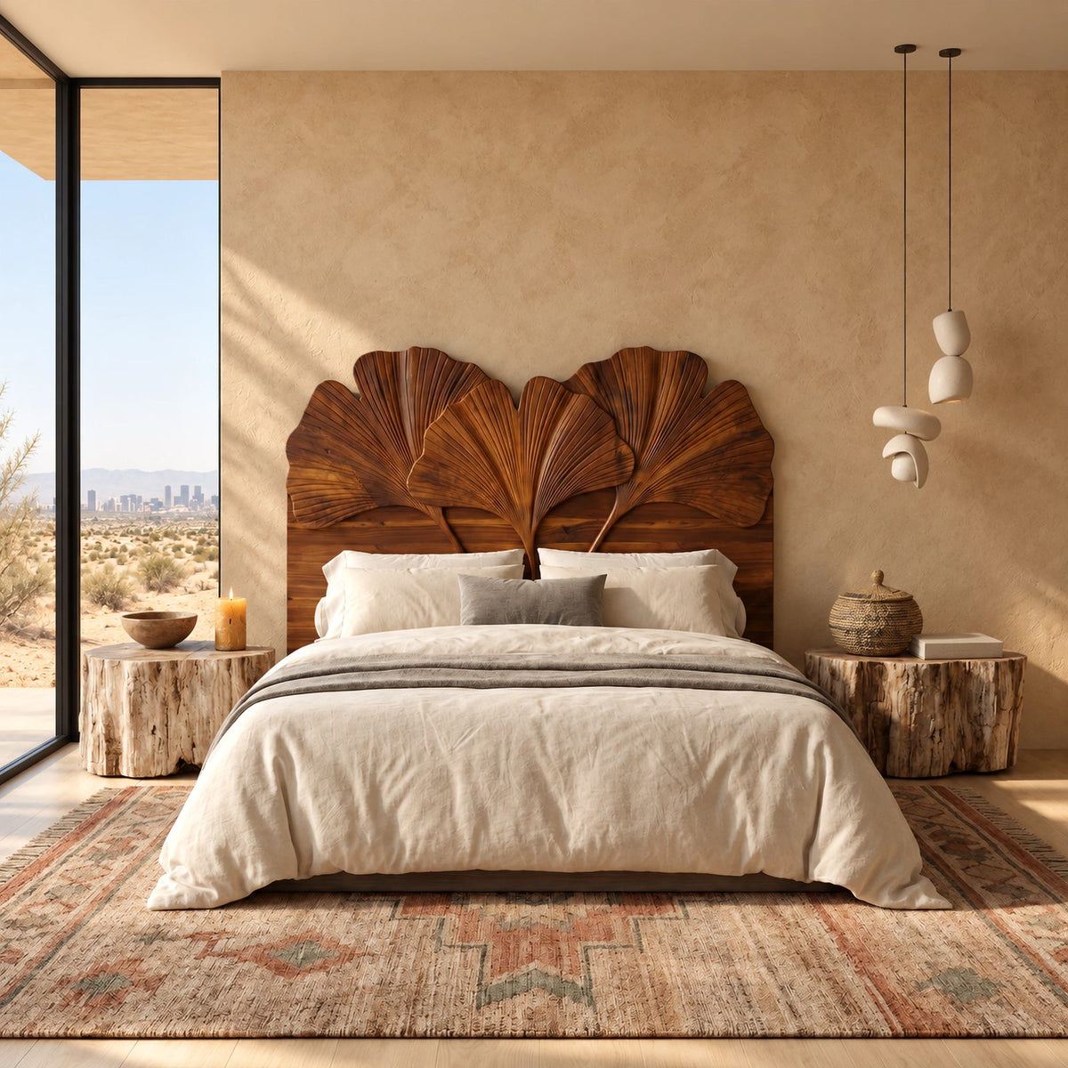 Botanical Carved Wooden Headboard With Ginkgo Leaf Fans For Bedroom