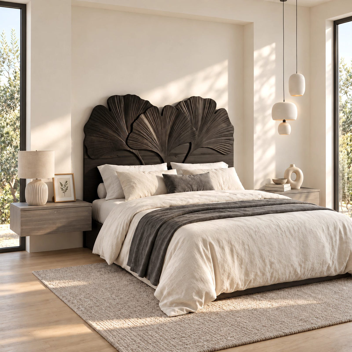 Botanical Carved Wooden Headboard With Ginkgo Leaf Fans For Bedroom