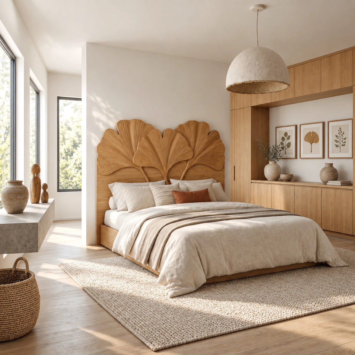 Botanical Carved Wooden Headboard With Ginkgo Leaf Fans For Bedroom