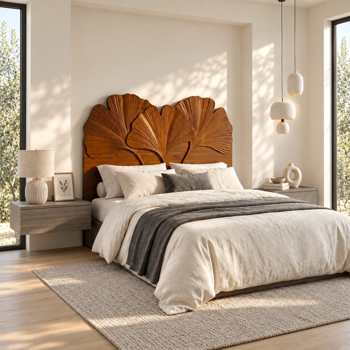 Botanical Carved Wooden Headboard With Ginkgo Leaf Fans For Bedroom