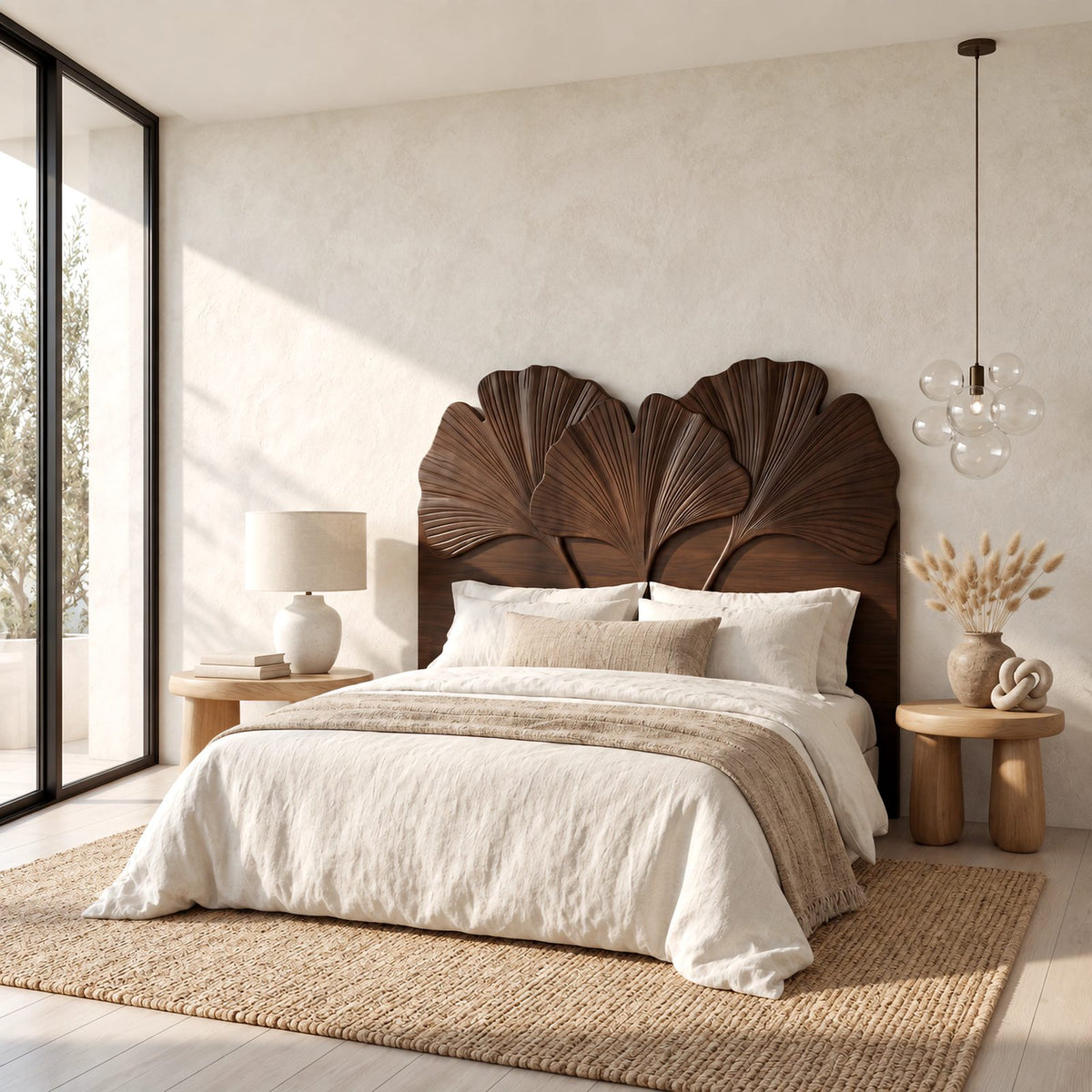 Botanical Carved Wooden Headboard With Ginkgo Leaf Fans For Bedroom