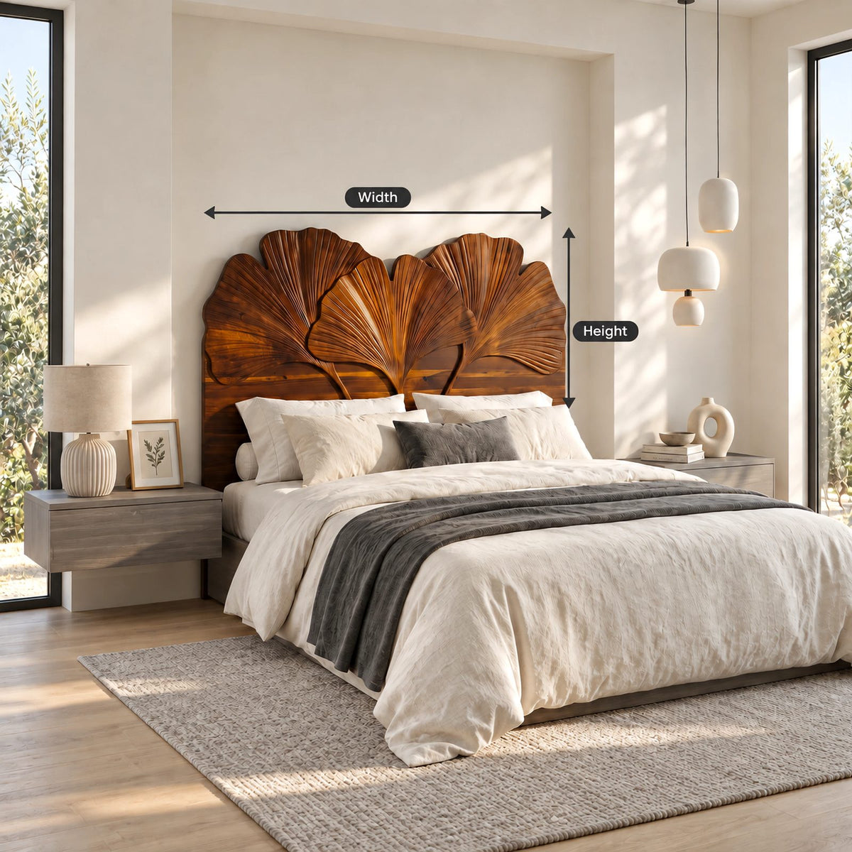 Botanical Carved Wooden Headboard With Ginkgo Leaf Fans For Bedroom