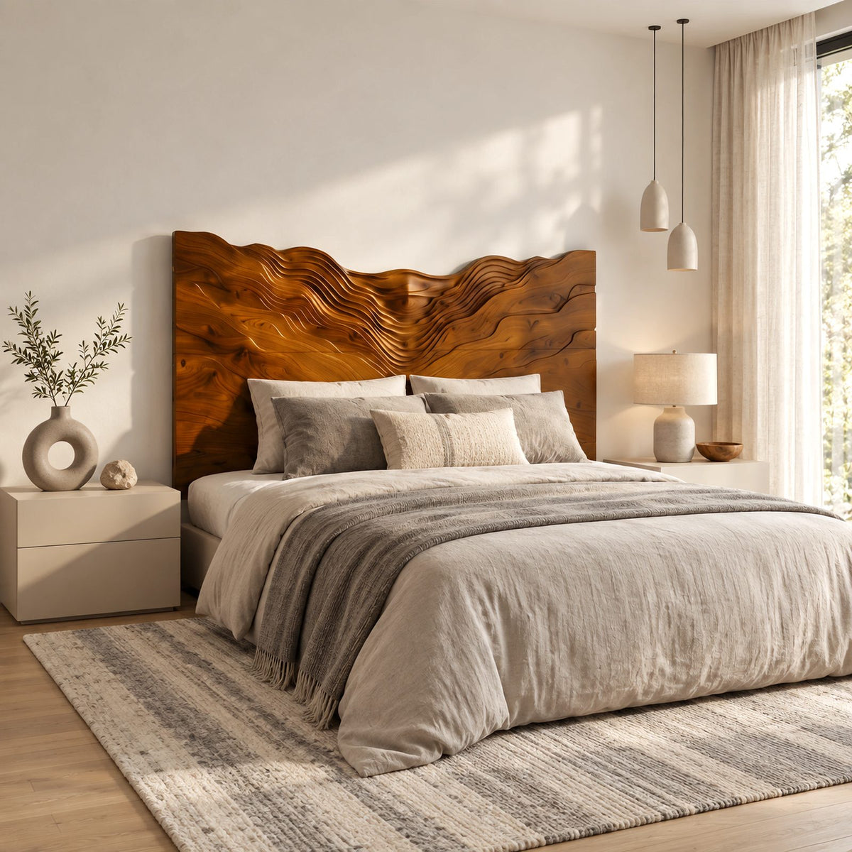 Coastal Solid Wood Headboard With Rippling Wave Relief For Bedroom