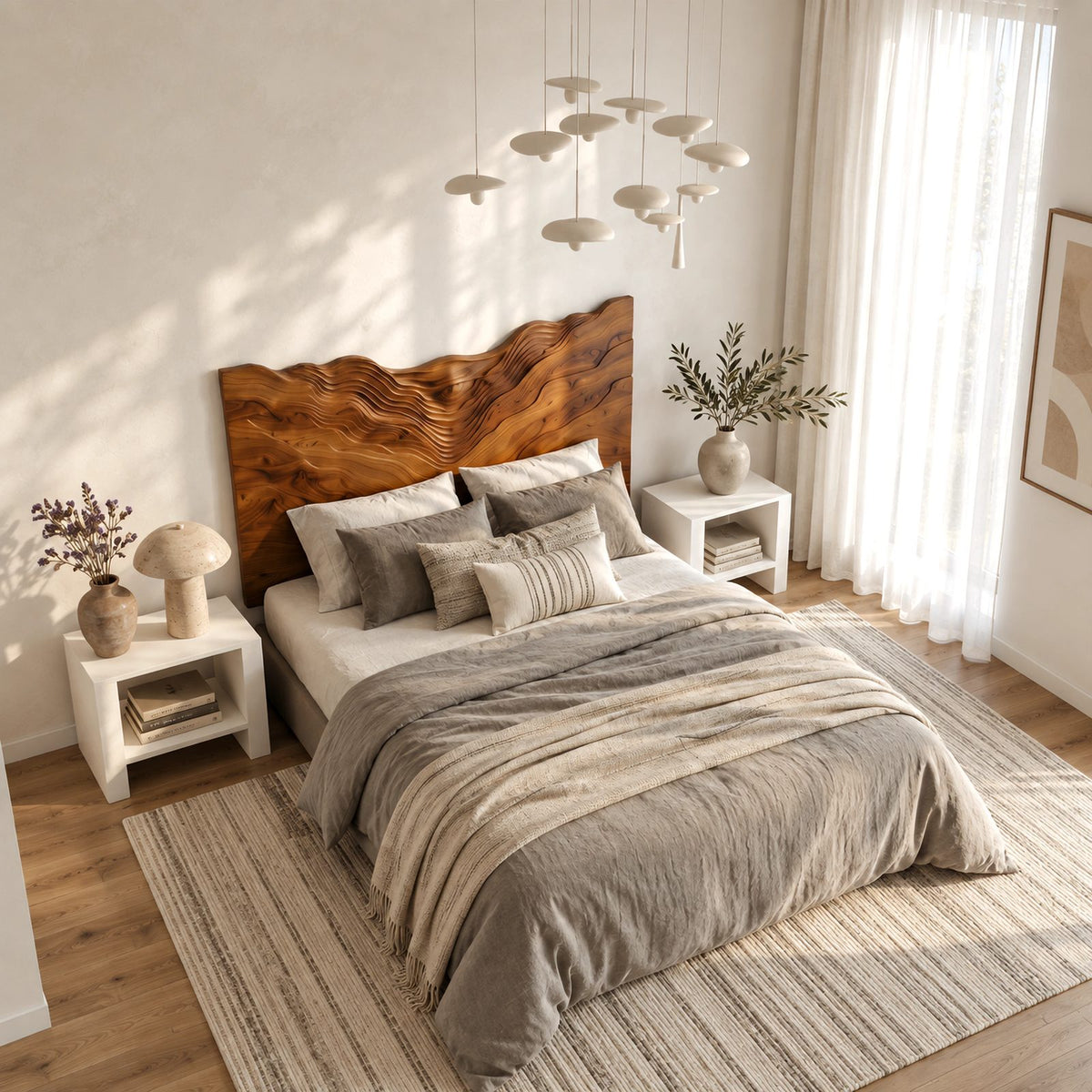 Coastal Solid Wood Headboard With Rippling Wave Relief For Bedroom