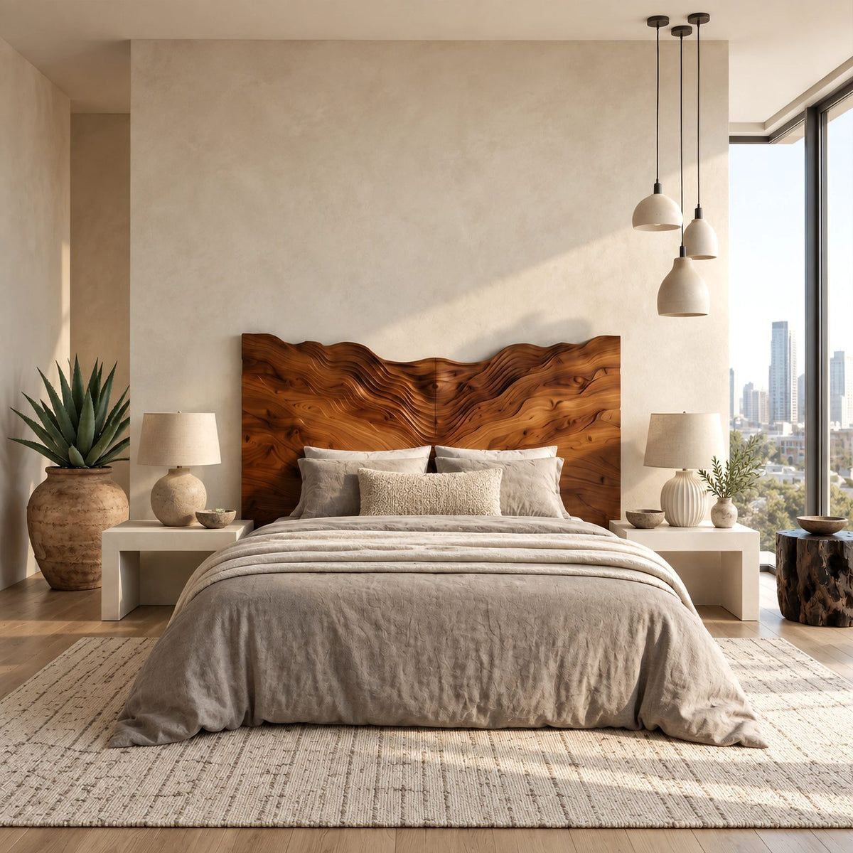 Coastal Solid Wood Headboard With Rippling Wave Relief For Bedroom