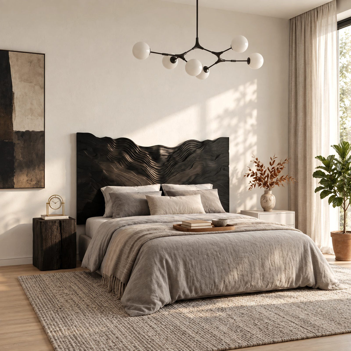 Coastal Solid Wood Headboard With Rippling Wave Relief For Bedroom