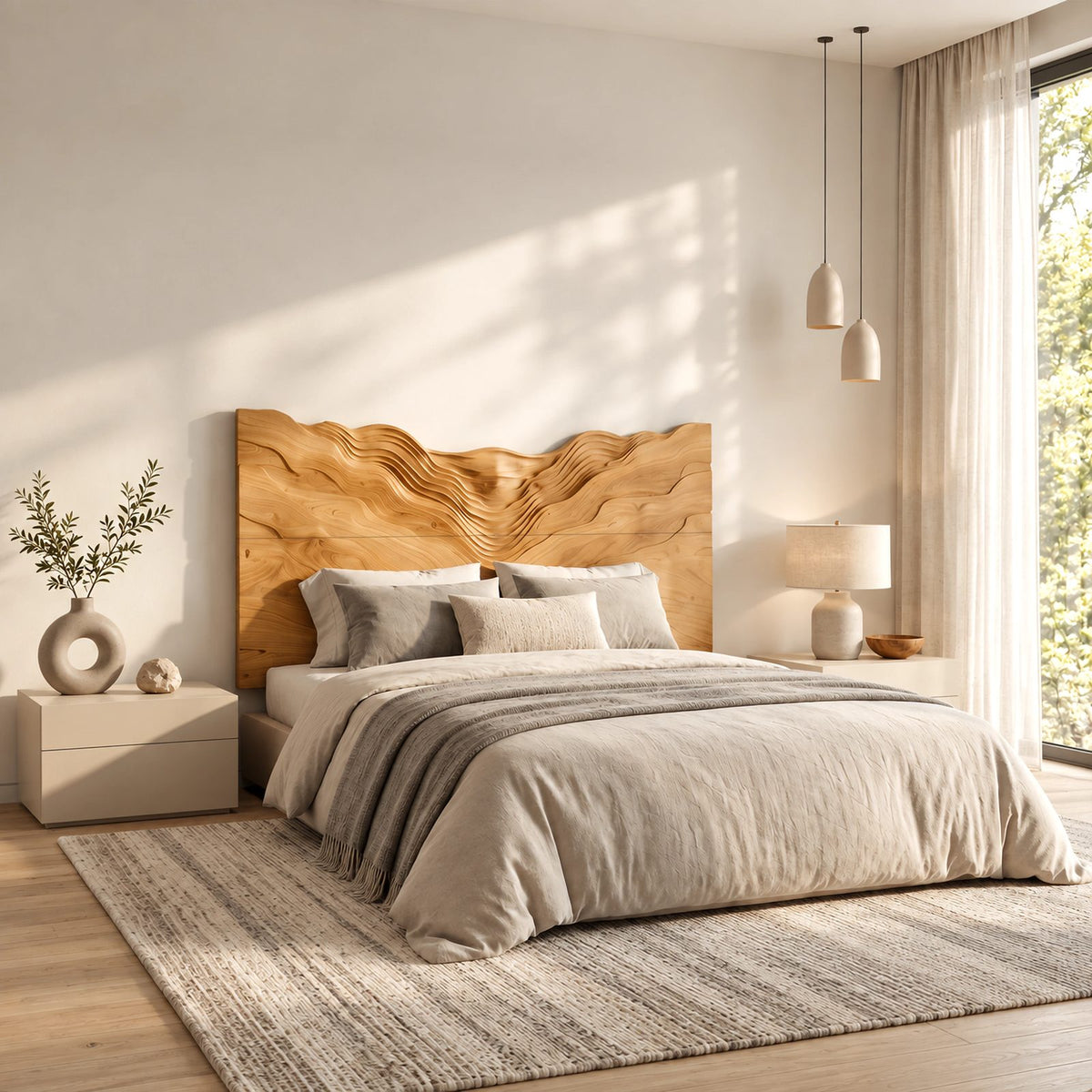 Coastal Solid Wood Headboard With Rippling Wave Relief For Bedroom