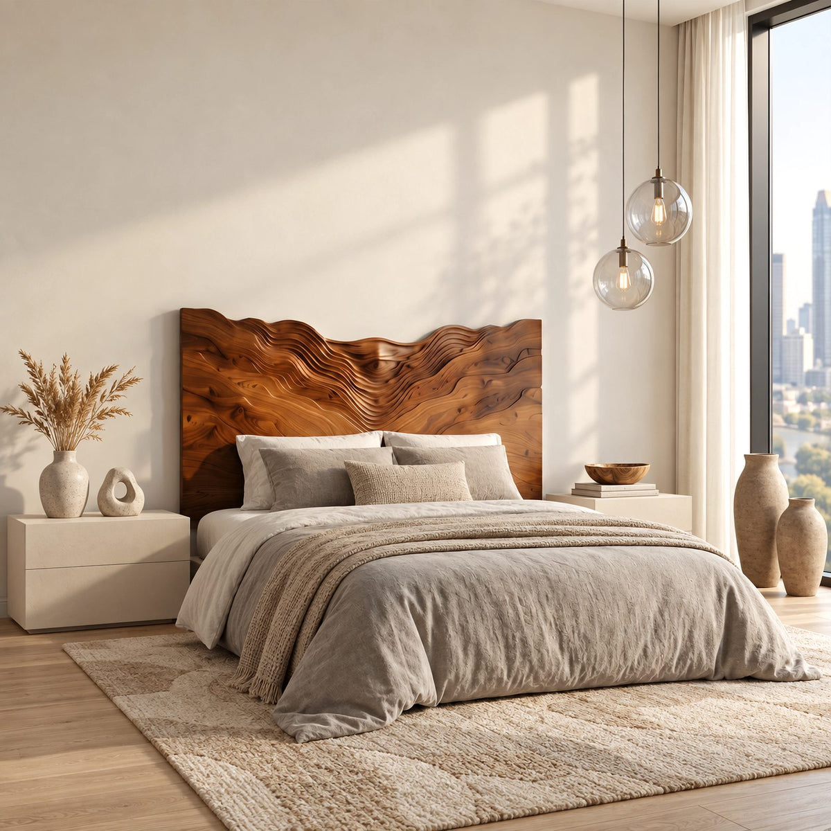 Coastal Solid Wood Headboard With Rippling Wave Relief For Bedroom