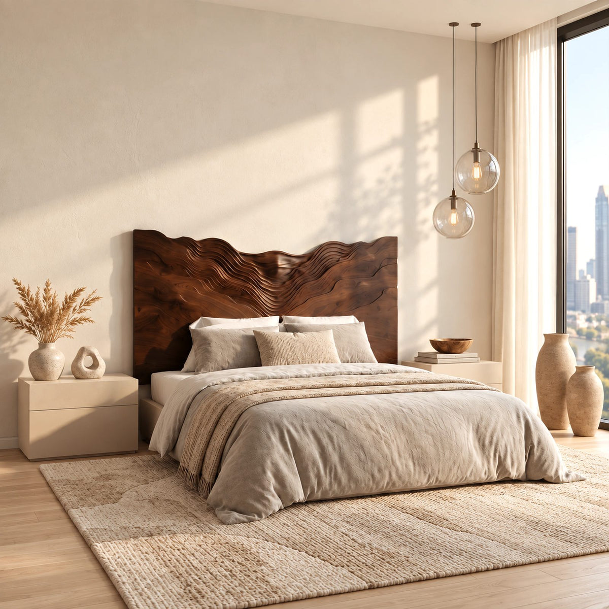 Coastal Solid Wood Headboard With Rippling Wave Relief For Bedroom