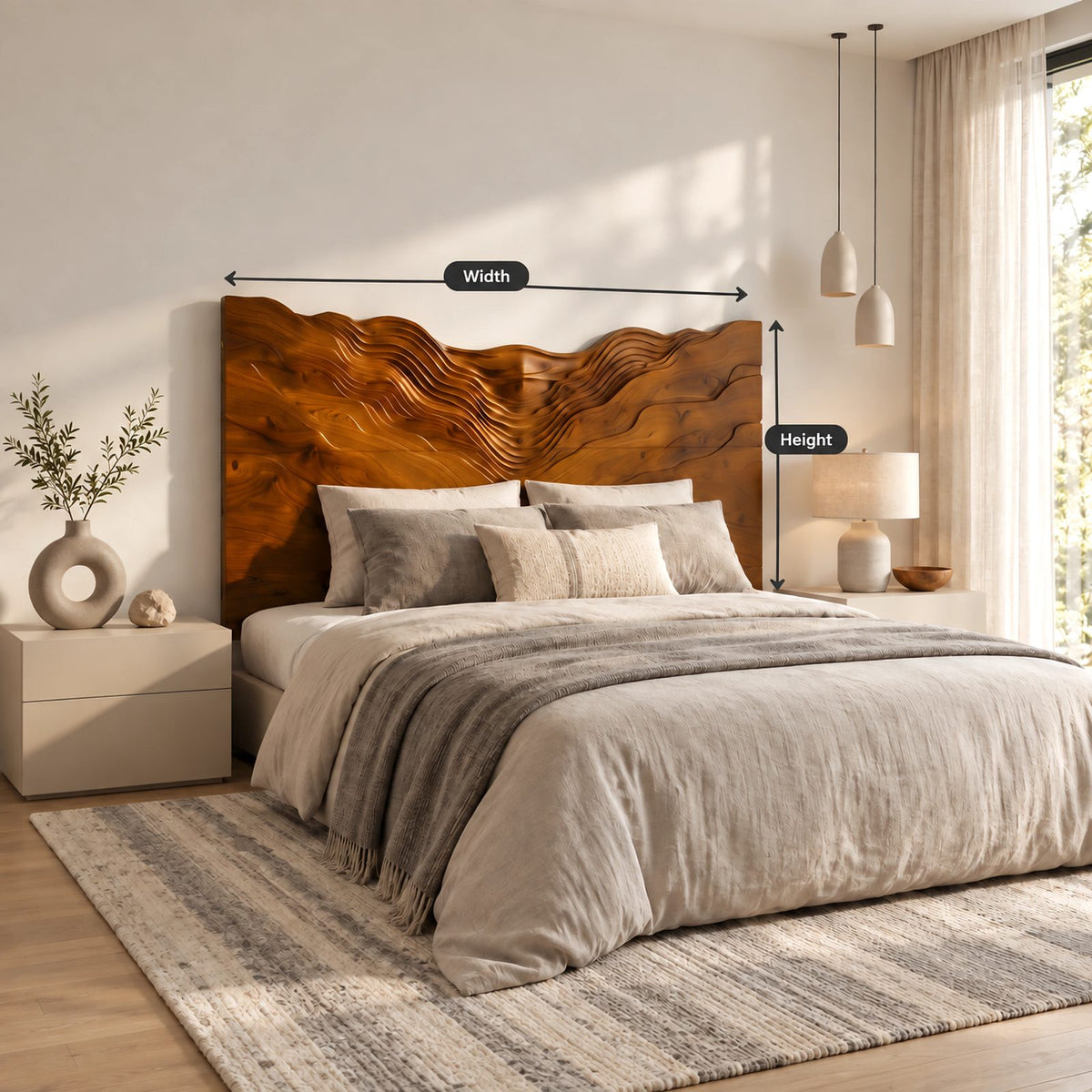 Coastal Solid Wood Headboard With Rippling Wave Relief For Bedroom