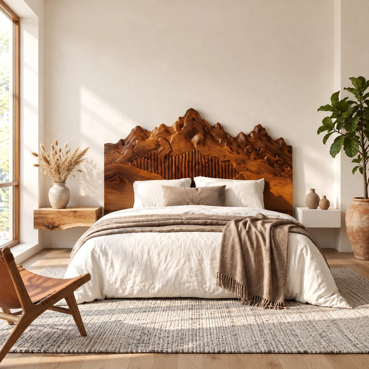 Sculpted Mountain Range Wooden Headboard With Peaked Crown For Bedroom