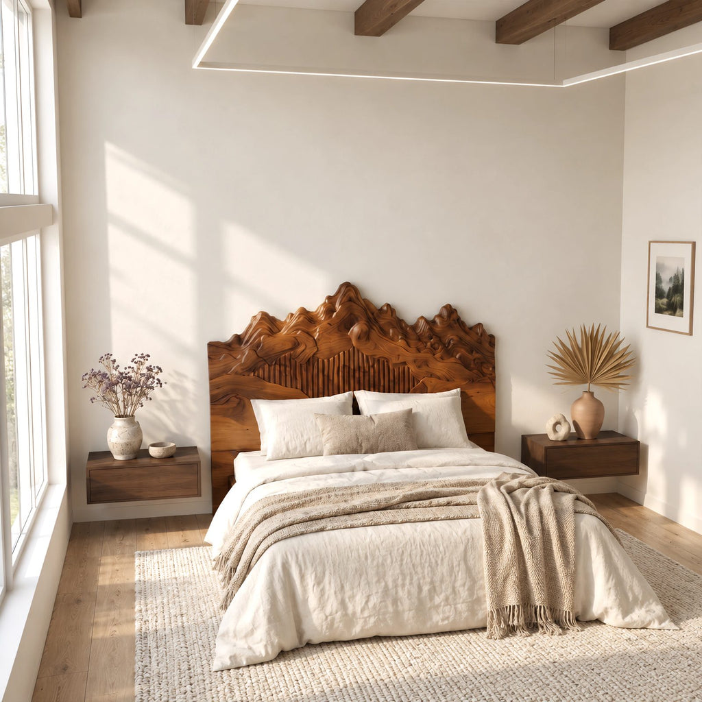 Sculpted Mountain Range Wooden Headboard With Peaked Crown For Bedroom