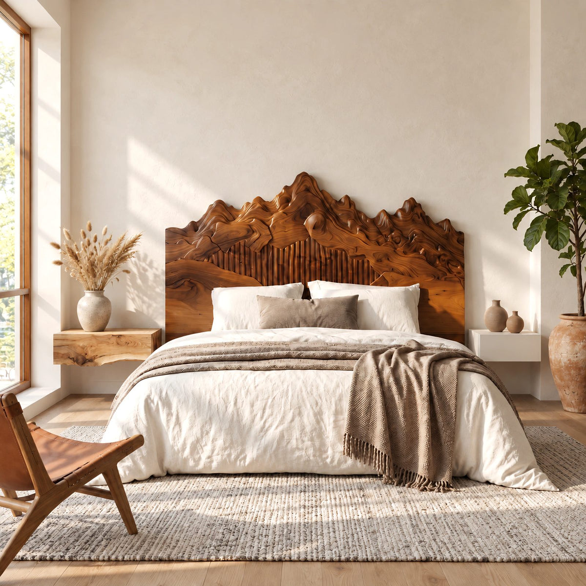Sculpted Mountain Range Wooden Headboard With Peaked Crown For Bedroom