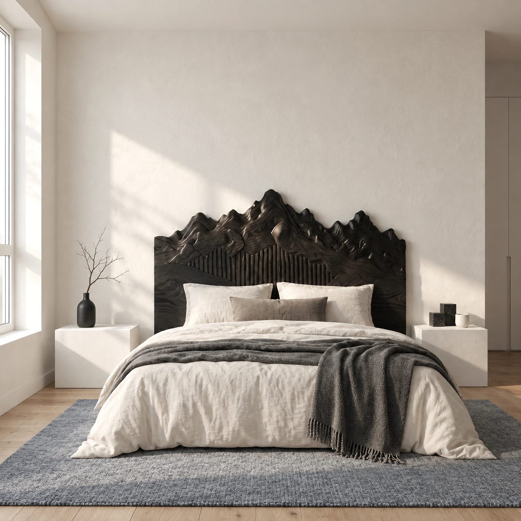 Sculpted Mountain Range Wooden Headboard With Peaked Crown For Bedroom