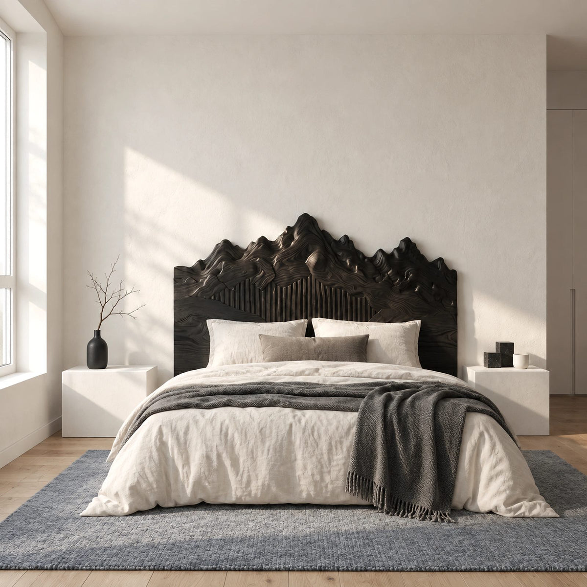 Sculpted Mountain Range Wooden Headboard With Peaked Crown For Bedroom