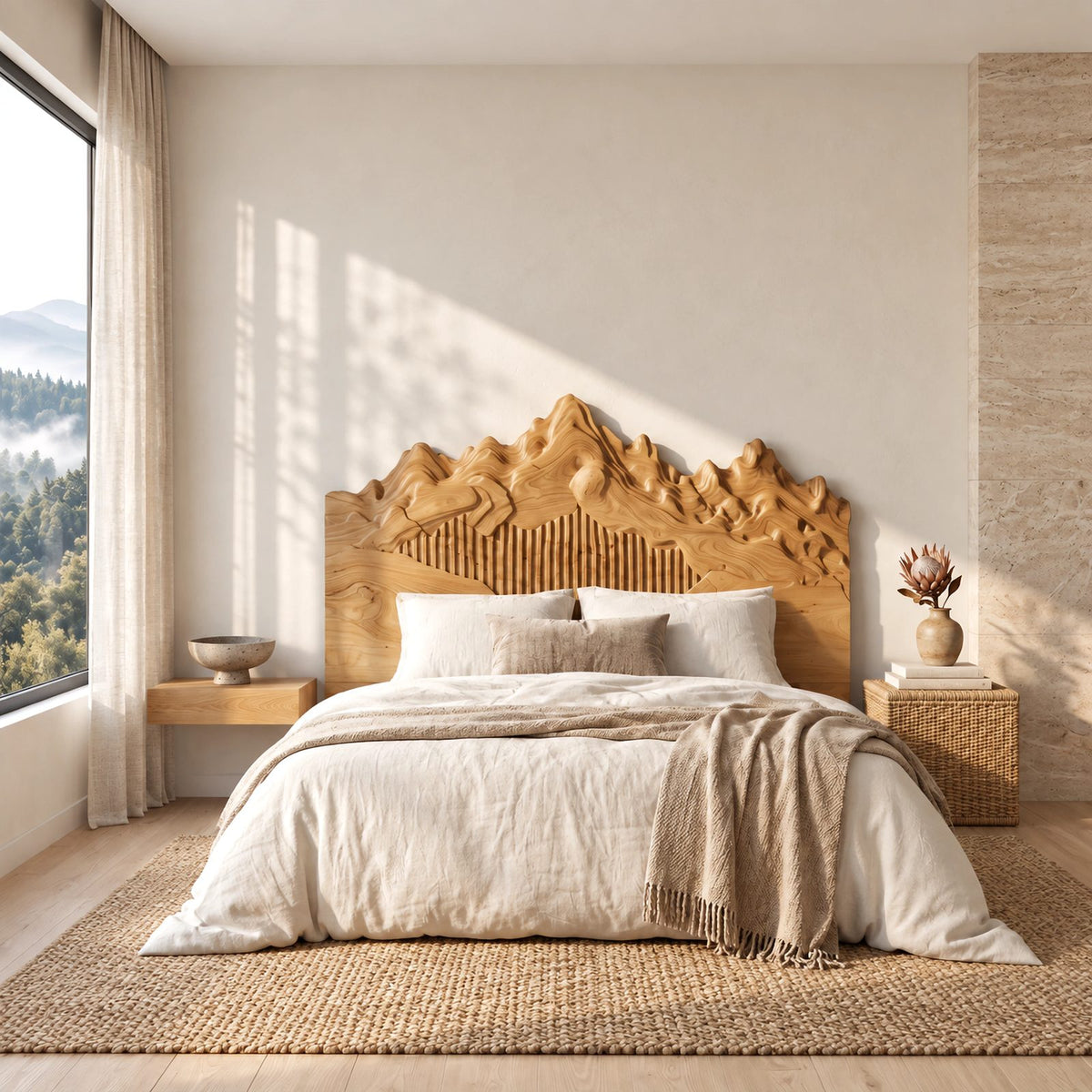 Sculpted Mountain Range Wooden Headboard With Peaked Crown For Bedroom