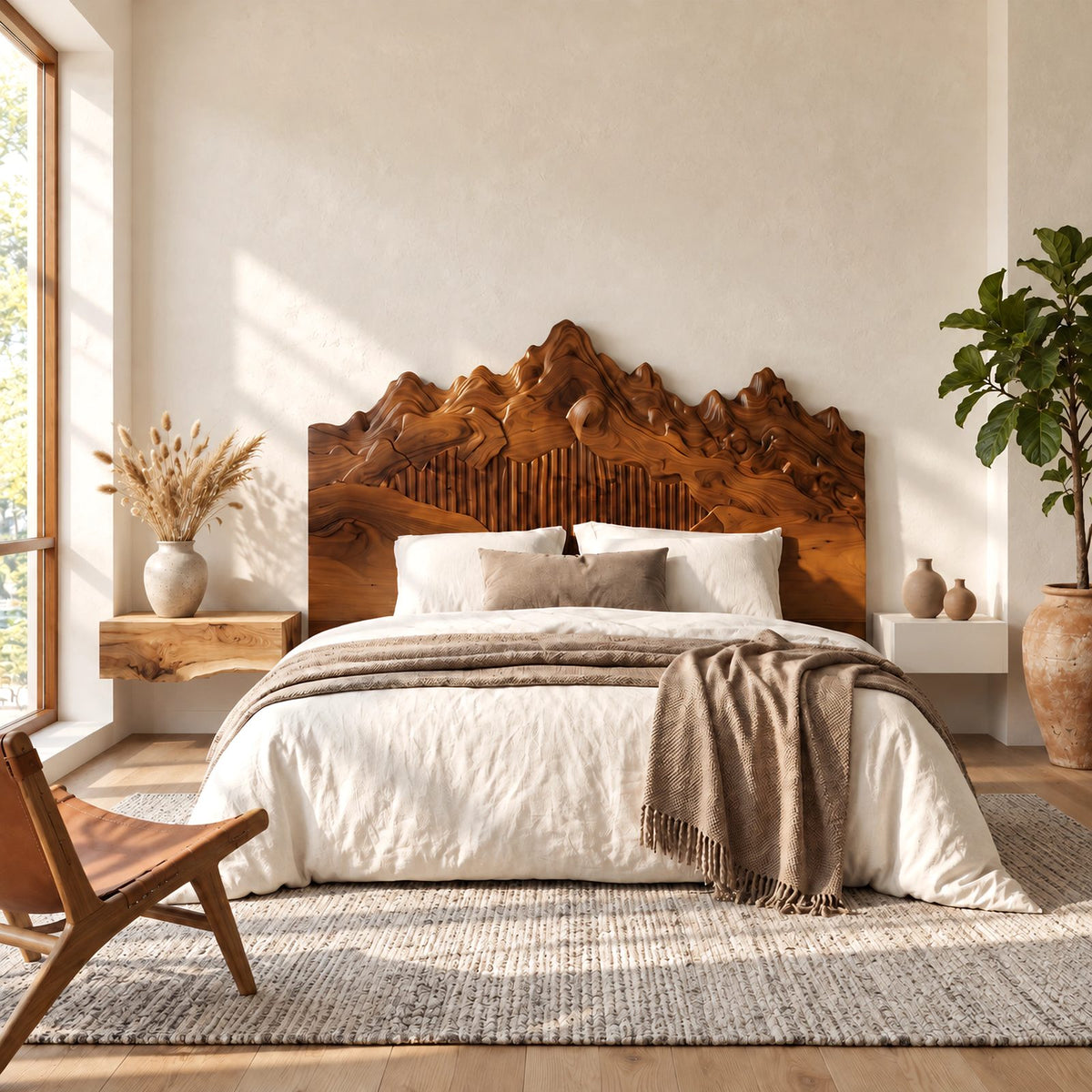 Sculpted Mountain Range Wooden Headboard With Peaked Crown For Bedroom