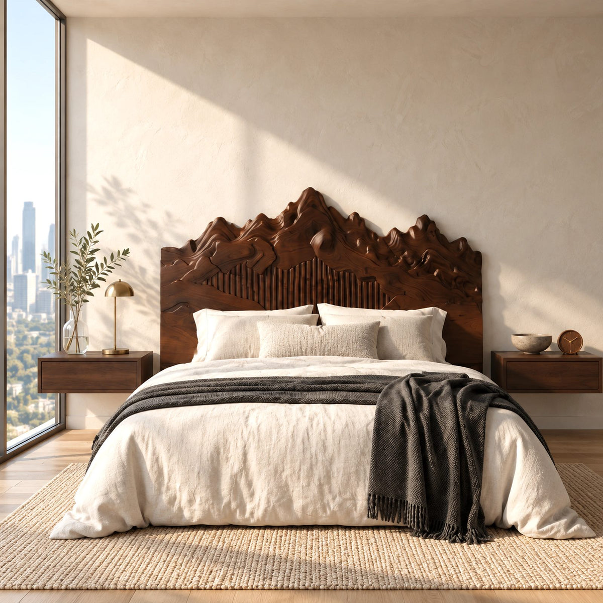 Sculpted Mountain Range Wooden Headboard With Peaked Crown For Bedroom