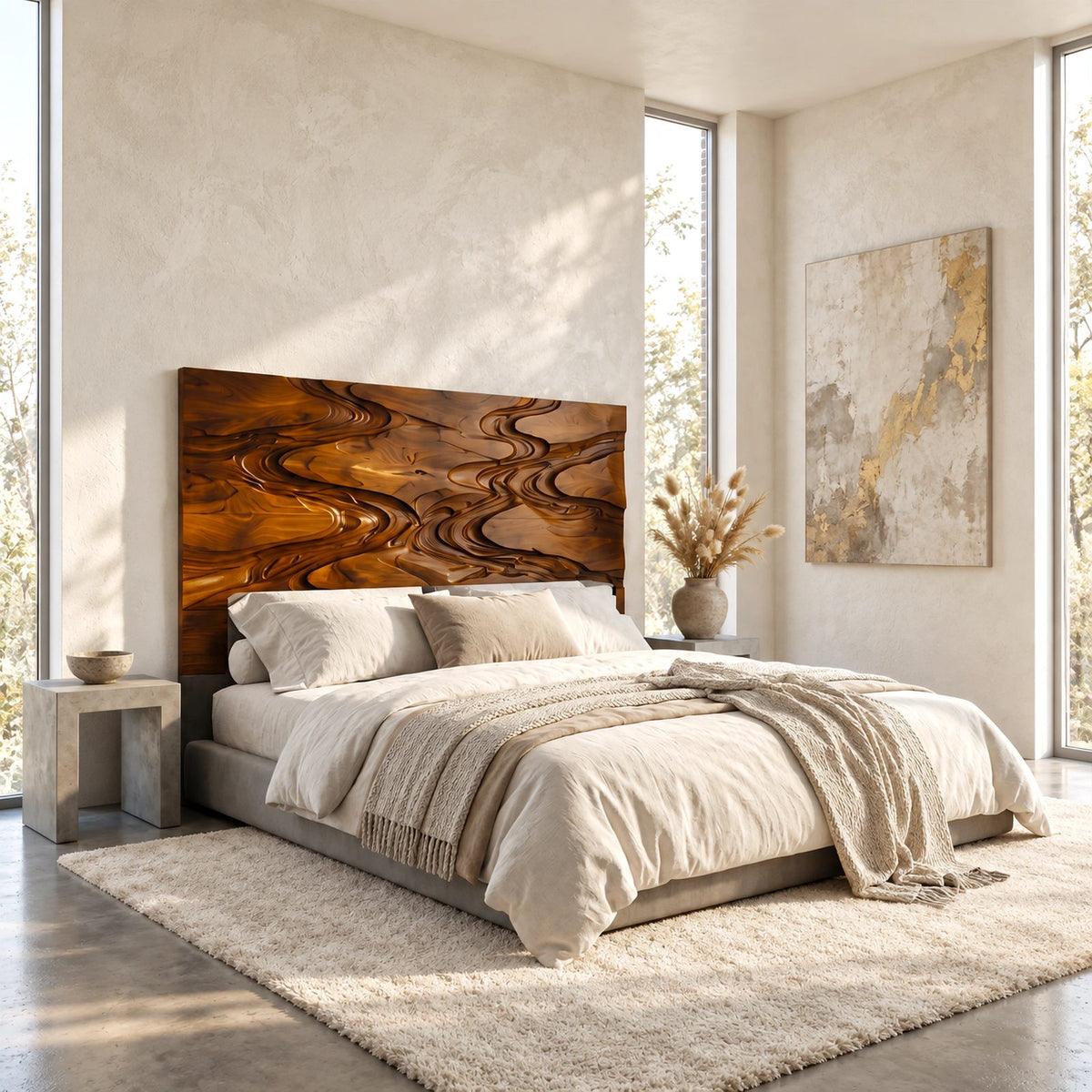 Sculptural Carved Wood Headboard With Flowing Wave Relief For Bedroom