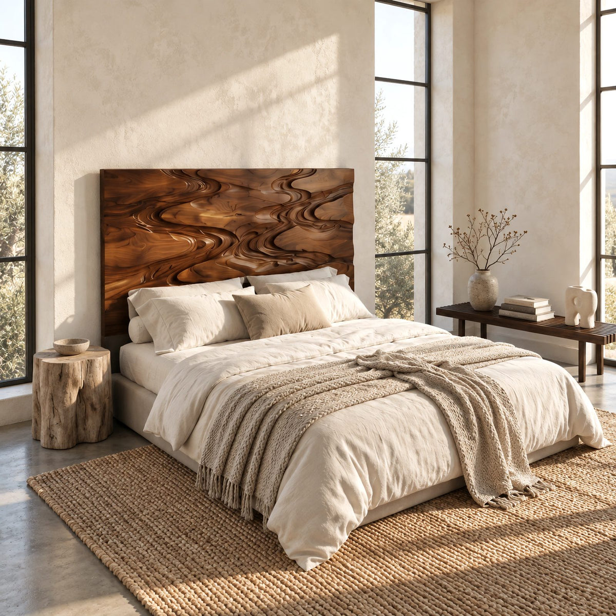 Sculptural Carved Wood Headboard With Flowing Wave Relief For Bedroom
