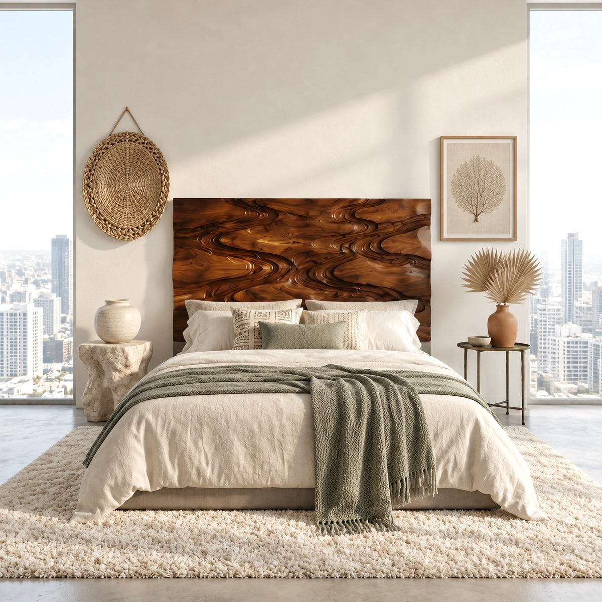 Sculptural Carved Wood Headboard With Flowing Wave Relief For Bedroom